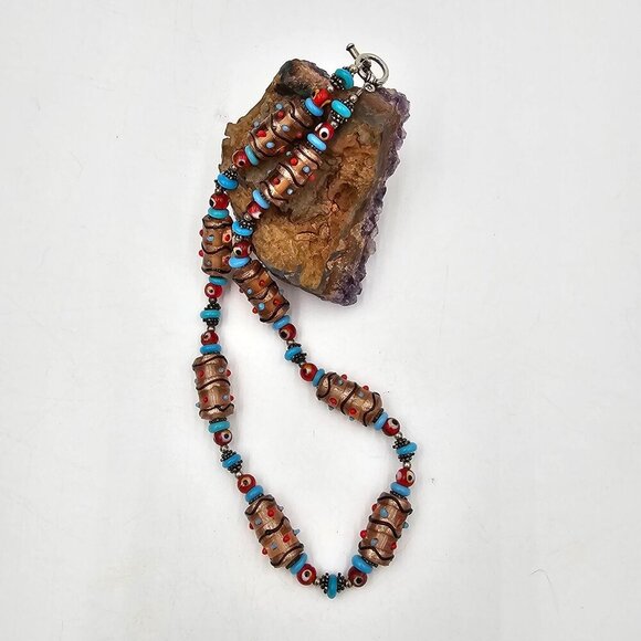 Vintage Handmade Boho Foil Glass Beaded 16" Necklace With Blue & Red Accents - Picture 8 of 9